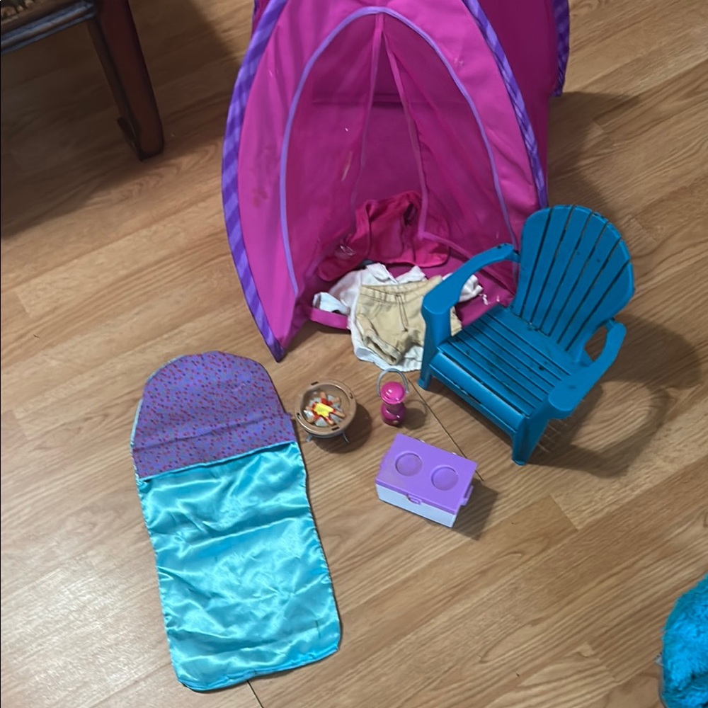 Kids Doll Camping Set with Pink Tent and Blue Chair